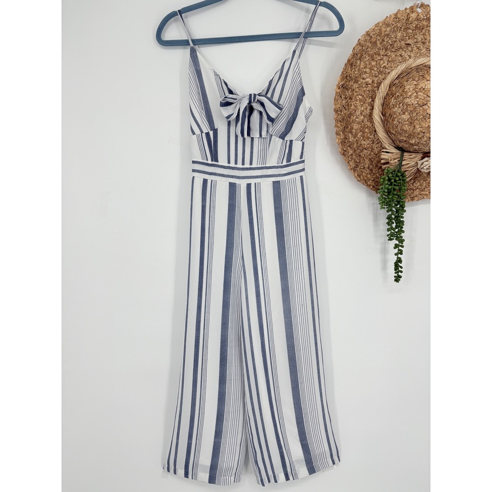 Japna Striped Jumpsuit Tie Front Smocked Cropped Jumpsuit Blue White Size XS - Picture 2 of 9